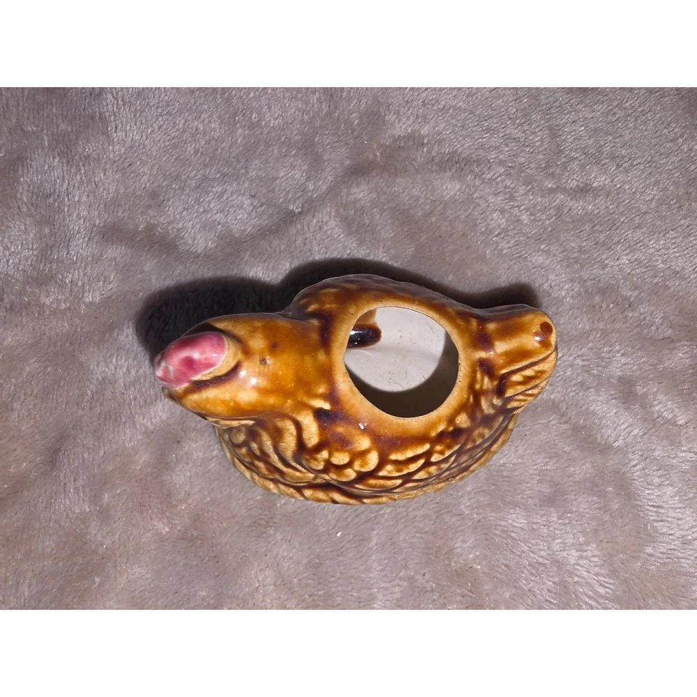 Vintage Japan Ceramic Chicken Planter Hen on Nest Brown Drip Glaze Figurine